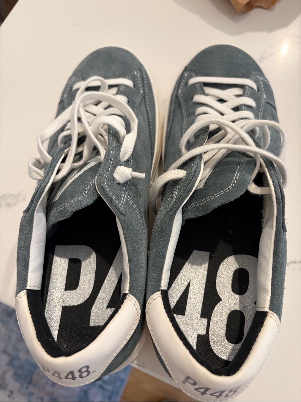 P448 Men's Slate Gray Suede Low-Top Sneakers with White Accents Never worn